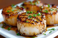 Pan-seared sea scallops with caramelized glaze and fresh herbs garnish on white plate, close up view showing golden-brown crust and juicy texture.