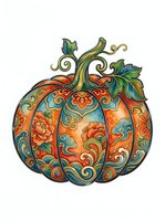 Ornamental pumpkin with intricate floral patterns, decorative scrollwork, and vibrant orange, teal, and gold colors on isolated white background for autumn designs.