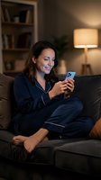 Woman in dark pajamas sitting on couch at night, holding smartphone, smiling while browsing. Cozy home interior with warm lighting, bookshelf and lamp. Evening relaxation and digital communication.
