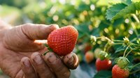 Fresh ripe strawberry held in hand during harvest season at organic farm with green plants and natural sunlight creating warm agricultural scene.