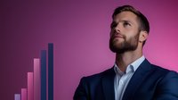 Young Caucasian businessman with beard looking up thoughtfully against purple background with rising bar chart, representing growth and success in corporate finance.