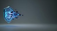 Digital shield with glowing blue particles dispersing, representing cybersecurity, data protection, and network defense technology for digital security concepts.