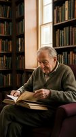 Elderly Caucasian man reading book in cozy home library with wooden bookshelves and warm natural light from window creating peaceful scholarly atmosphere.