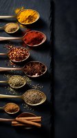 Aromatic spices and herbs in wooden spoons on dark slate background. Turmeric, paprika, star anise, cinnamon, cumin seeds for culinary cooking and seasoning.