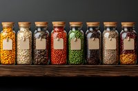 Glass jars filled with colorful dried legumes, grains and cereals on wooden shelf against dark background, organized pantry storage with blank labels.
