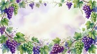 Watercolor grape vine border frame with purple and green grapes, lush leaves on soft lavender background, copy space for text or design.