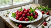 Ripe red raspberries arranged on white plate with fresh mint leaves, displayed on rustic wooden table near window with natural daylight for food photography and culinary content.