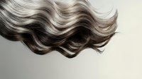 Flowing wavy hair with natural highlights and lowlights in motion, showcasing healthy shine and texture for beauty and haircare concepts.
