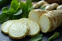 Fresh sliced horseradish root with green leaves on dark slate surface. Natural organic vegetable ingredient for cooking and seasoning culinary preparations.