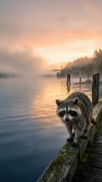 Curious raccoon on wooden dock at misty lake during golden hour sunrise with calm water reflections and forest silhouette creating peaceful wildlife scene.