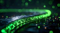 Glowing green fiber optic cable with bokeh light effects on dark background, macro photography showing technology and data transmission concept for networking design.