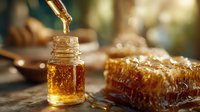 Golden honey dripping from dropper into small glass jar next to fresh honeycomb on wooden surface with soft natural light and blurred background.