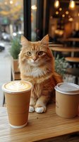 Ginger cat sitting at cafe table with two takeaway coffee cups, one with latte art. Cozy coffee shop interior with bokeh lights and plants in background.