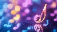 Glowing musical note with sparkles on dark background with colorful bokeh lights creating magical atmosphere for music and entertainment designs.