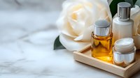 Luxury skincare products with amber serum bottles and cream jar on wooden tray, white rose and marble background, soft focus spa cosmetics composition.