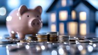 Pink piggy bank with stacked coins and blurred house background representing home savings, mortgage planning, real estate investment and financial goals.