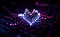 Heart-shaped financial graph with glowing blue light effect on dark background showing market volatility and trading data visualization in modern style.
