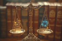Antique brass scales of justice with glowing digital and traditional cityscape silhouettes balanced against law library background, representing modern legal evolution.