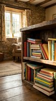 Rustic wooden bookshelf filled with vintage books in cozy cottage interior with stone walls, exposed beams and natural light from window.
