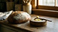 Freshly baked artisan sourdough loaf dusted with flour next to butter on wooden surface, warm natural light from window, rustic bakery setting.