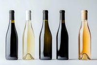 Wine bottles collection with red, white, and rose wines arranged in row on white background, showing variety of shapes and colors in minimalist style.