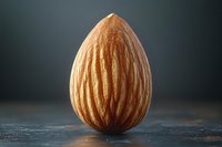 Single fresh almond nut macro shot on dark textured background with dramatic lighting highlighting natural shell texture and grooves. Food photography.