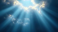 Dramatic sunbeams breaking through storm clouds in dark blue sky create spiritual atmosphere with divine light rays shining down from heaven opening.