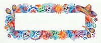 Colorful Day of the Dead frame with skulls, marigolds and traditional Mexican folk art elements on white background for festive designs.