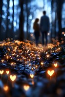 Glowing heart-shaped lights illuminate forest floor as silhouetted couple stands in misty blue twilight background, creating romantic atmospheric scene.