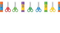 Colorful school supplies including scissors, glue sticks and tape arranged in a row on white background. Isolated clipart for educational materials, classroom designs and back-to-school projects.