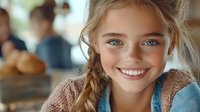 Young Caucasian girl with bright smile, blue eyes and braided blonde hair wearing denim and brown sweater in casual indoor setting, natural lighting creates warm atmosphere.