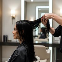 Professional hairstylist cutting wet dark hair of female client in modern salon with mirror and professional lighting for hair care services.