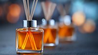 Amber glass reed diffuser bottles arranged in line with aromatic sticks on dark surface against blurred bokeh lights background, creating luxurious spa atmosphere.
