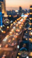 Floating soap bubbles over blurred city lights at sunset creating magical bokeh effect with warm golden hour glow and urban skyline background.
