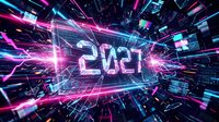 Futuristic digital tunnel with glowing neon lights and 2021 text in cyberpunk style. Abstract technology background with electric blue and pink energy beams.