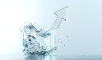 Upward arrow made of clear water splash with dynamic motion and droplets against light background, symbolizing growth, success and positive momentum.