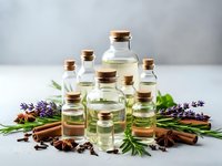 Essential oils in glass bottles with cork stoppers surrounded by fresh lavender, rosemary, cinnamon sticks and star anise for aromatherapy and wellness.