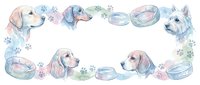 Watercolor dog breeds border frame with pet bowls and paw prints on white background. Cute puppy portraits including golden retriever, dachshund, westie terrier.