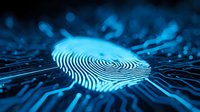 Digital fingerprint hologram with glowing blue circuits on dark background for cybersecurity and biometric authentication technology concepts.