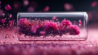 Pink carnation flowers floating in glass bottle with scattered petals and magical sparkles on dark background, dreamy romantic composition with soft bokeh effect.