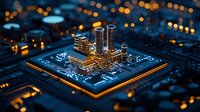 Glowing microchip with futuristic towers rising from circuit board surface against dark background with bokeh lights, representing technological advancement.
