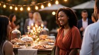 Young African American woman in orange dress enjoying outdoor dinner party with friends under string lights on patio during summer evening celebration.