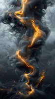 Dramatic golden lightning bolt pierces through dark storm clouds and smoke, creating dynamic contrast between warm and cool tones in abstract composition.