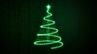 Digital Christmas tree made of glowing green binary code spiral on dark matrix background for holiday tech designs and cyber celebrations.