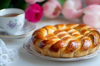 Freshly baked braided sweet bread roll on vintage porcelain plate with tea cup and pink tulips. Soft morning light creates cozy breakfast atmosphere.