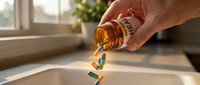 Hand pouring colorful capsules and pills from amber medicine bottle into sink, depicting medication disposal, pharmaceutical waste management, and healthcare safety practices.