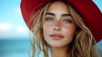 Young Caucasian woman with natural makeup wearing red hat smiles serenely at beach, blonde hair flowing in breeze against blurred turquoise ocean background.