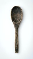 Aged wooden spoon with dark patina and weathered surface, featuring a worn oval bowl and tapered handle, suitable for culinary, rustic, and vintage design projects.