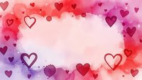 Watercolor hearts frame with pink and purple splashes creating romantic border for Valentine's Day cards, wedding invitations and love-themed designs.