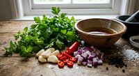 Fresh herbs parsley garlic red chili onion ingredients on rustic wooden table with ceramic bowl for cooking preparation in bright kitchen setting.